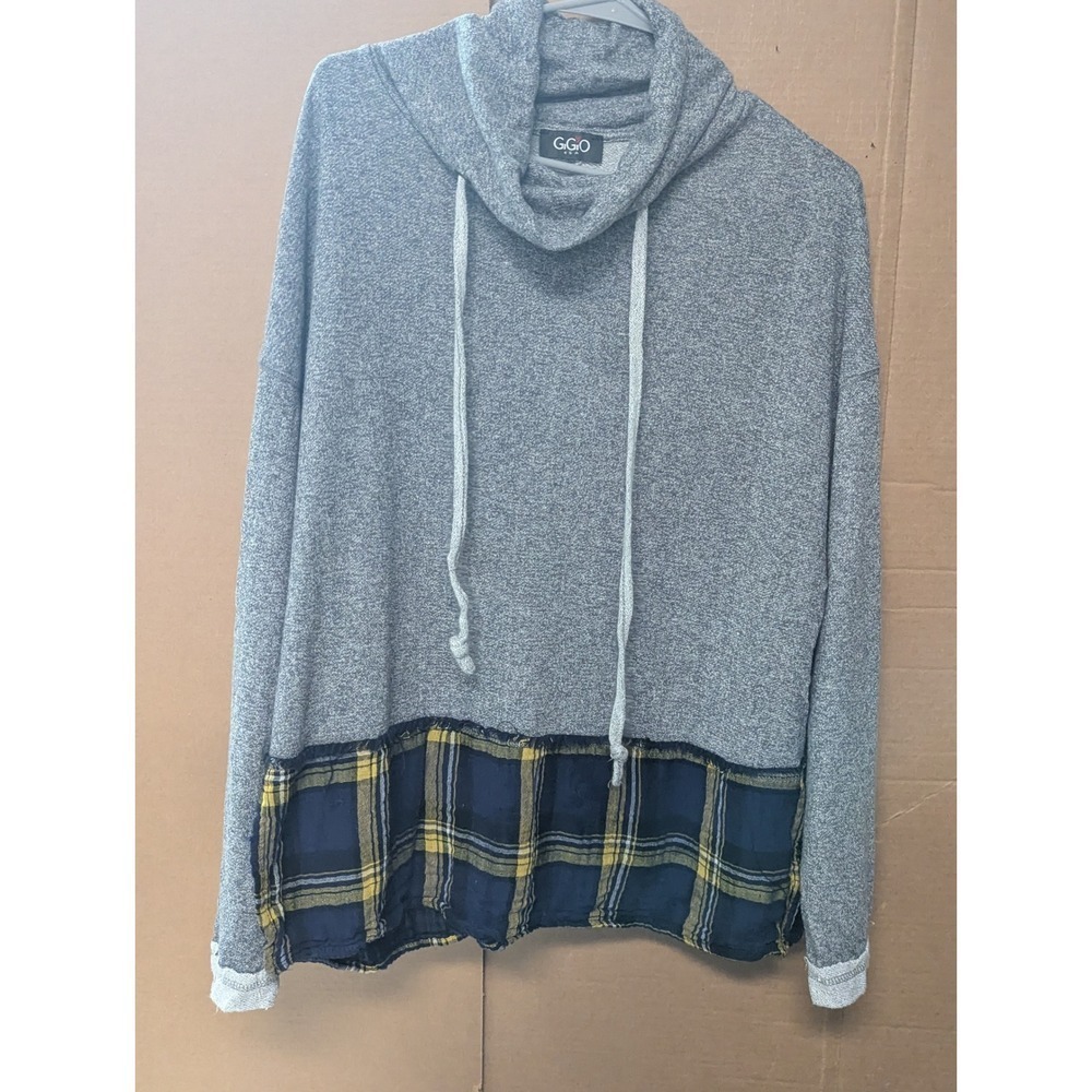 GiGiO USA Plaid Layered Cowl Neck Top Sweater M Gray Baby Yellow Mixed Media